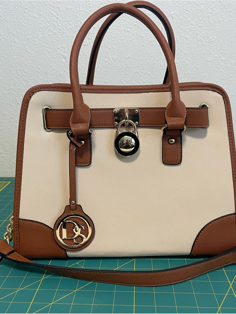 Cream and Brown Structured Satchel with Gold Hardware